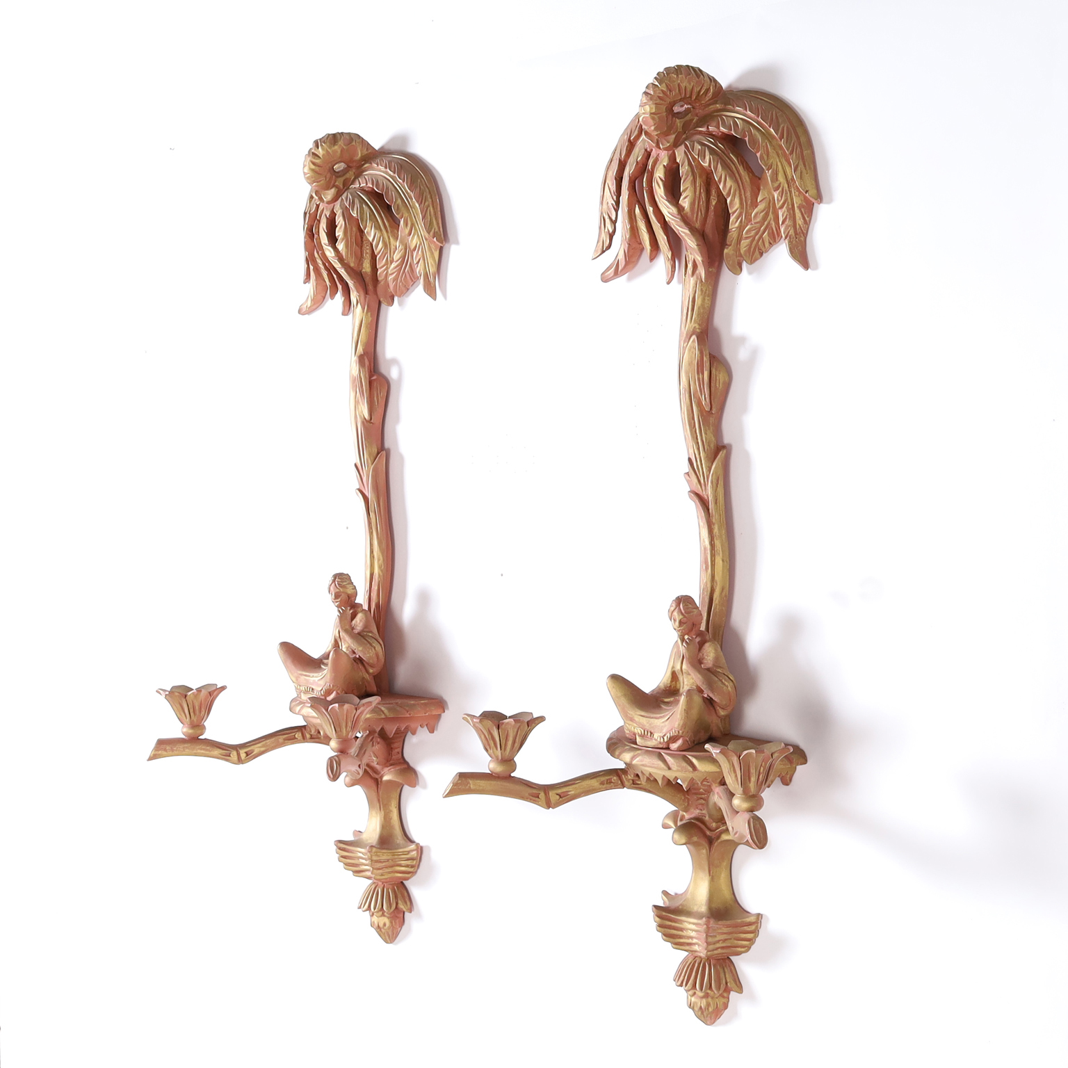 Pair of Carved Wood Palm Tree Chinoiserie Wall Sconces