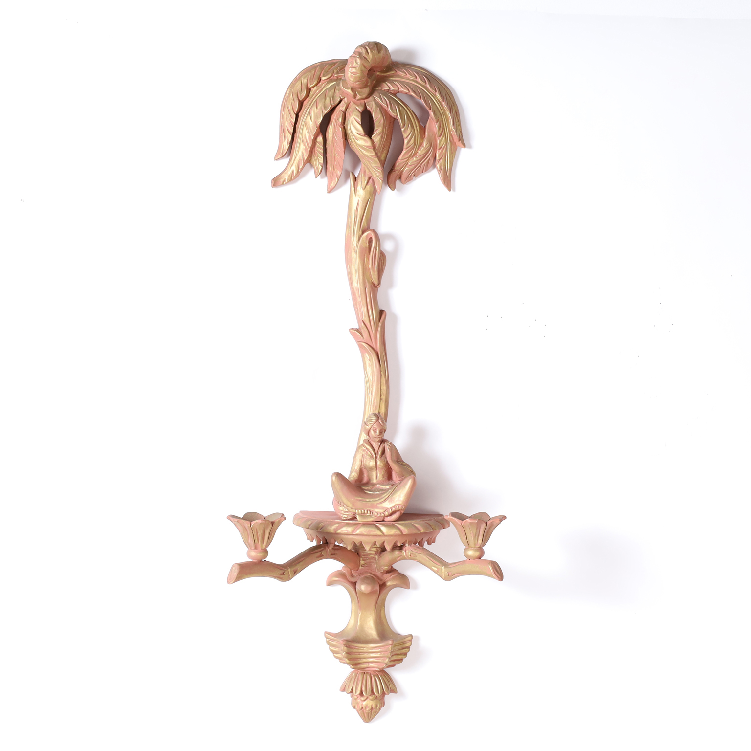 Pair of Carved Wood Palm Tree Chinoiserie Wall Sconces