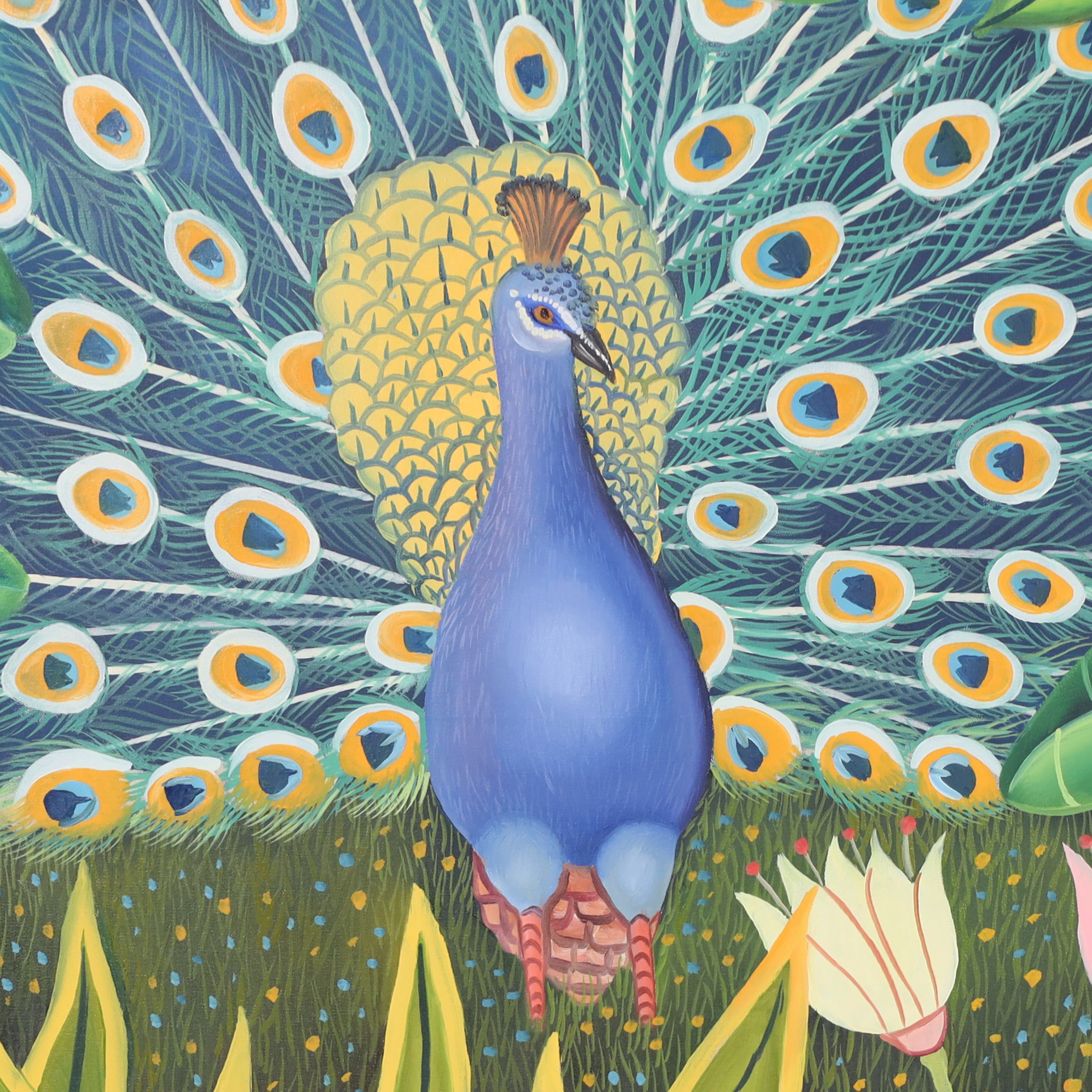 Vintage Painting on Canvas of a Peacock