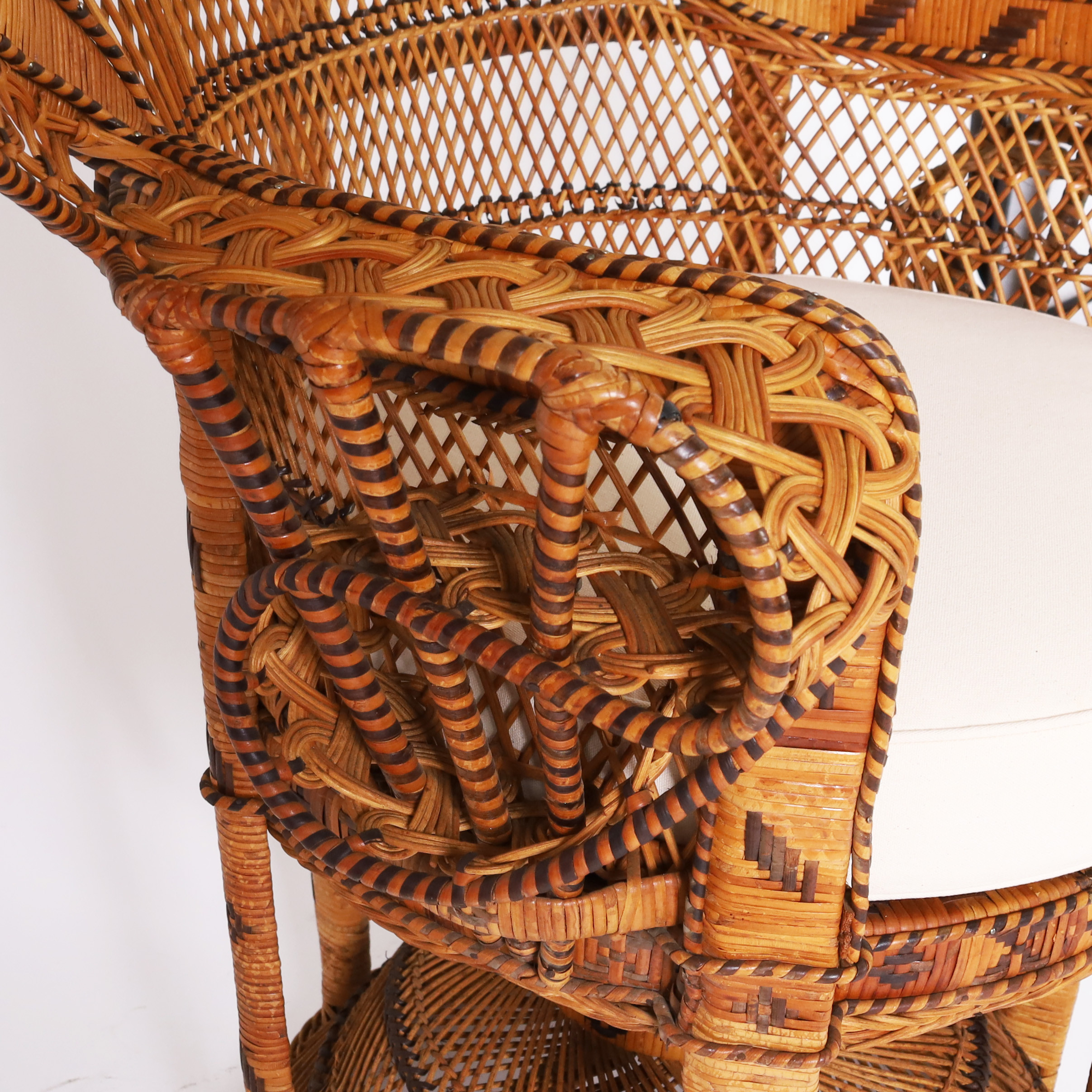 Vintage Anglo Indian Wicker Peacock Chair and Ottoman