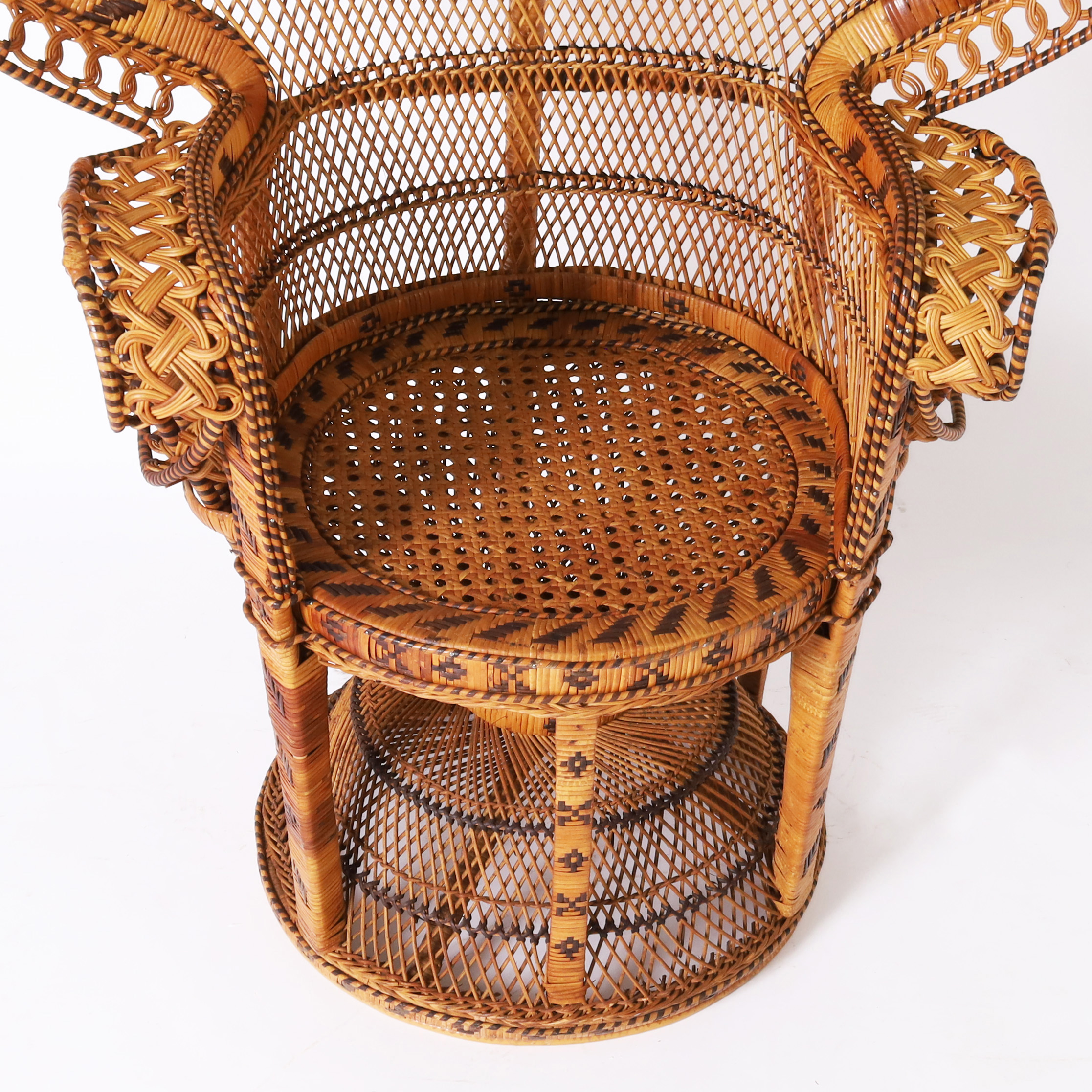 Vintage Anglo Indian Wicker Peacock Chair and Ottoman