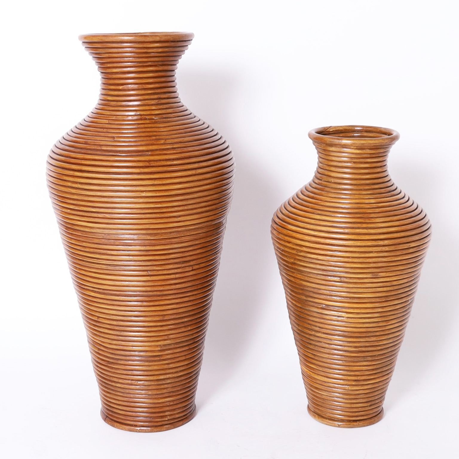 Two Large Mid Century Pencil Reed Floor Vases