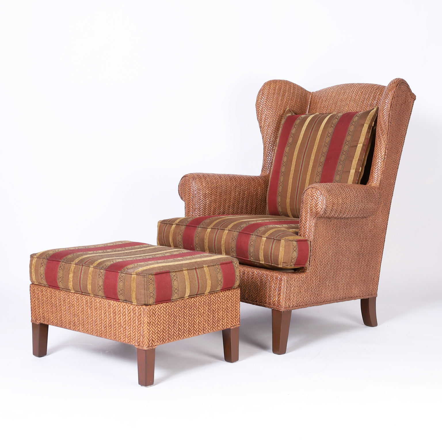 Vintage Woven Reed or Wicker Wingback Armchair and Ottoman