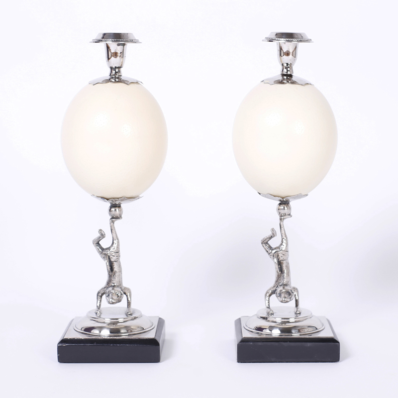 Pair of Mid Century Figural Ostrich Egg Candlesticks