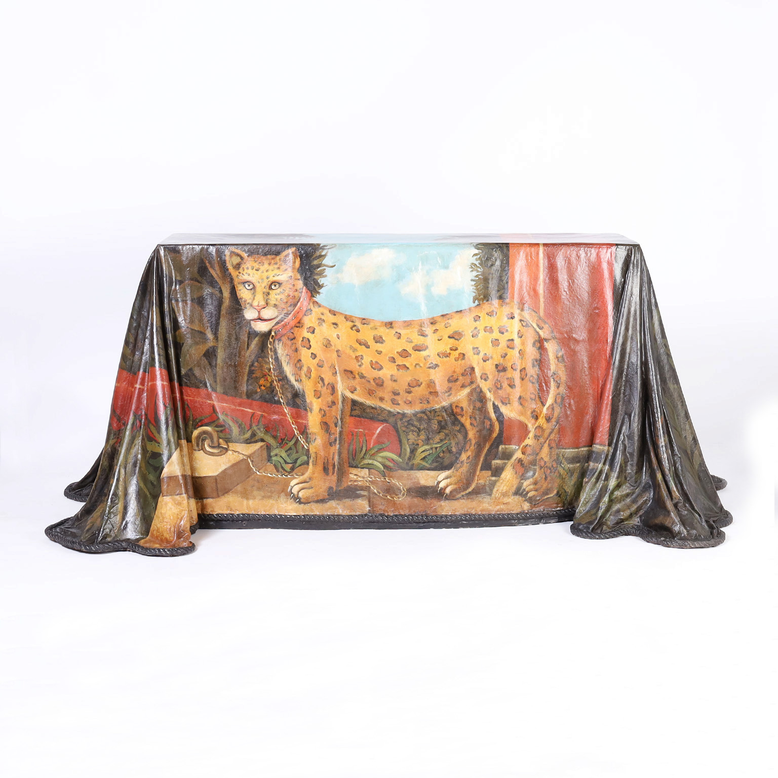 Mid Century Ghost Drapery Console with Painted Leopard by Reginald Baxter