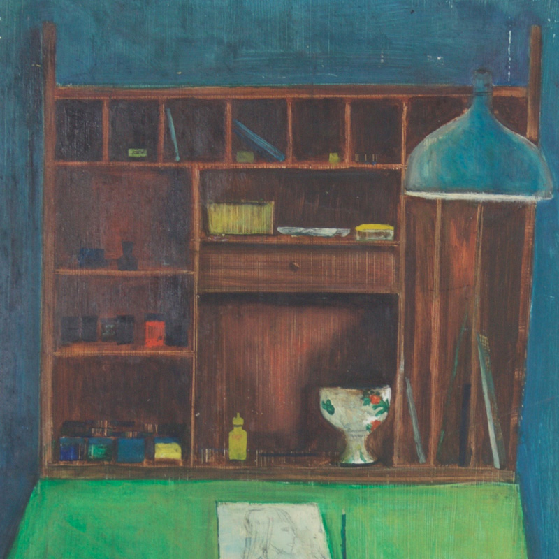 Robert Blanchard Mid Century Oil Painting on Board Depicting an Artist’s Desk