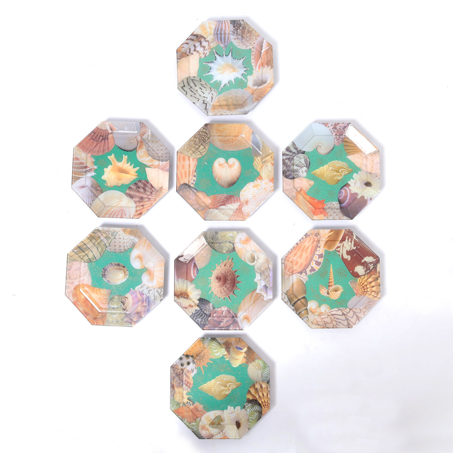 Set of Eight Reverse Decoupage Seashell Glass Plates by Pablo Manzoni