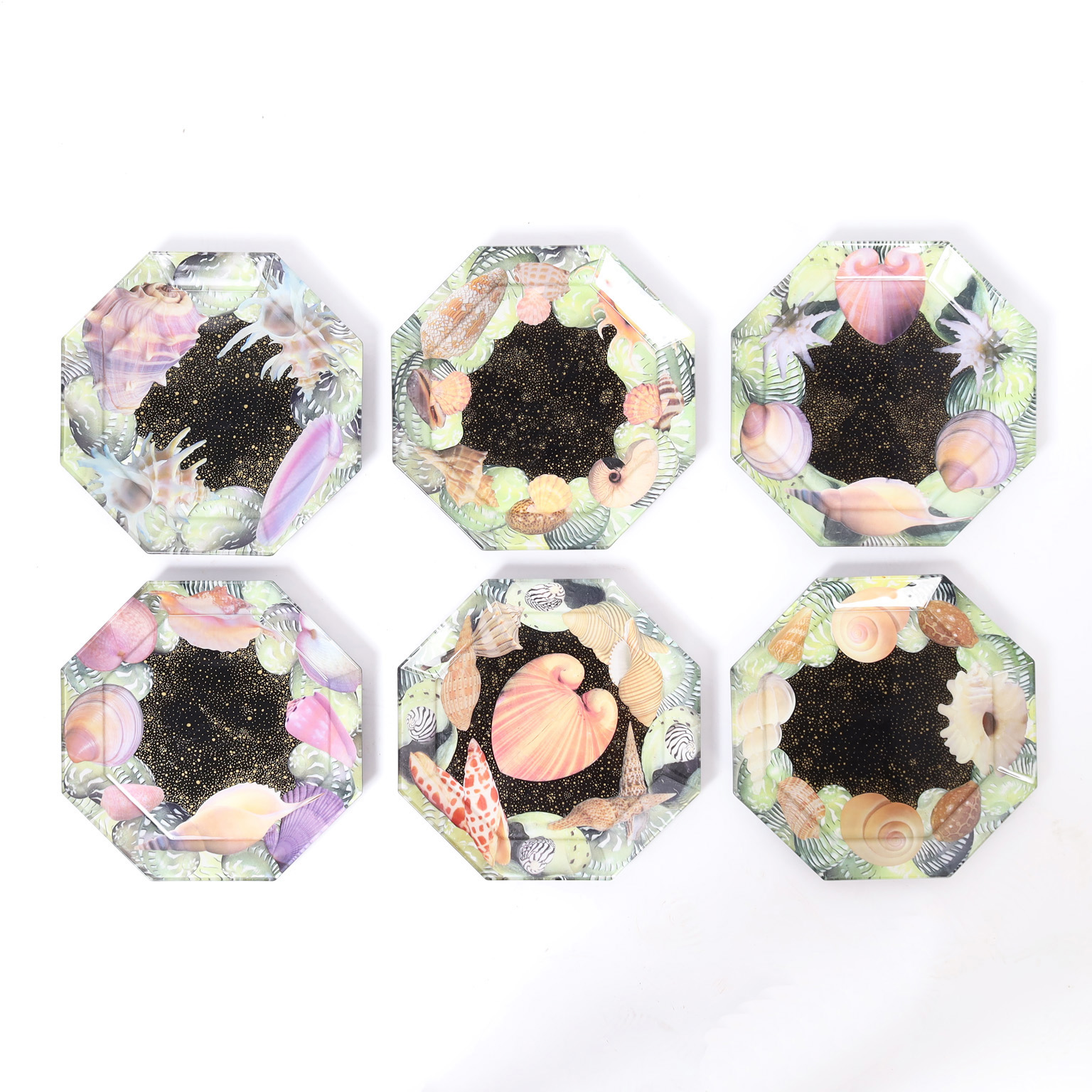 Set of Six Reverse Decoupage Seashell Glass Plates by Pablo Manzoni