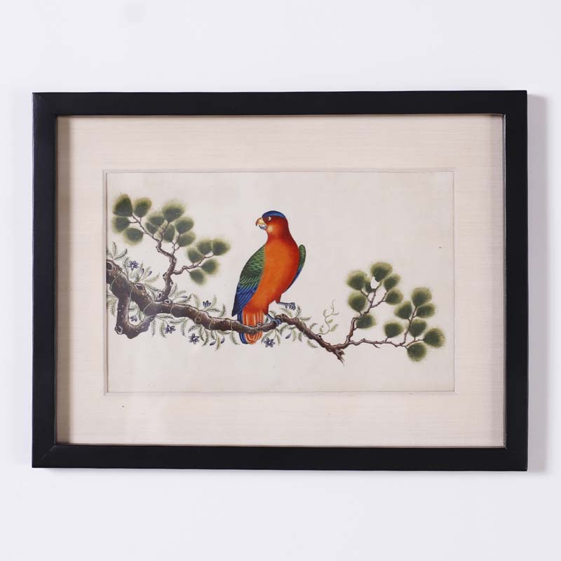 Set of Six Antique Chinese Watercolors of Song Birds