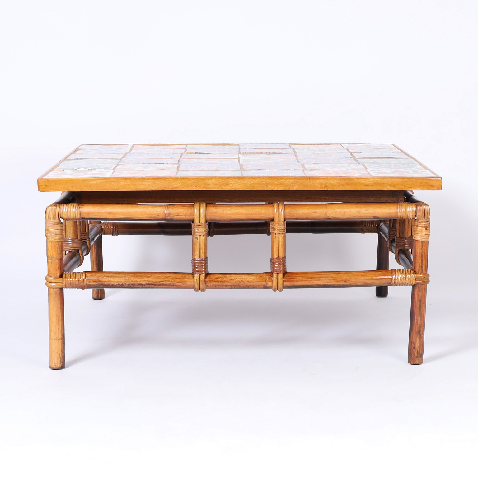 Mid Century Italian Faux Bamboo and Tile Top Coffee Table