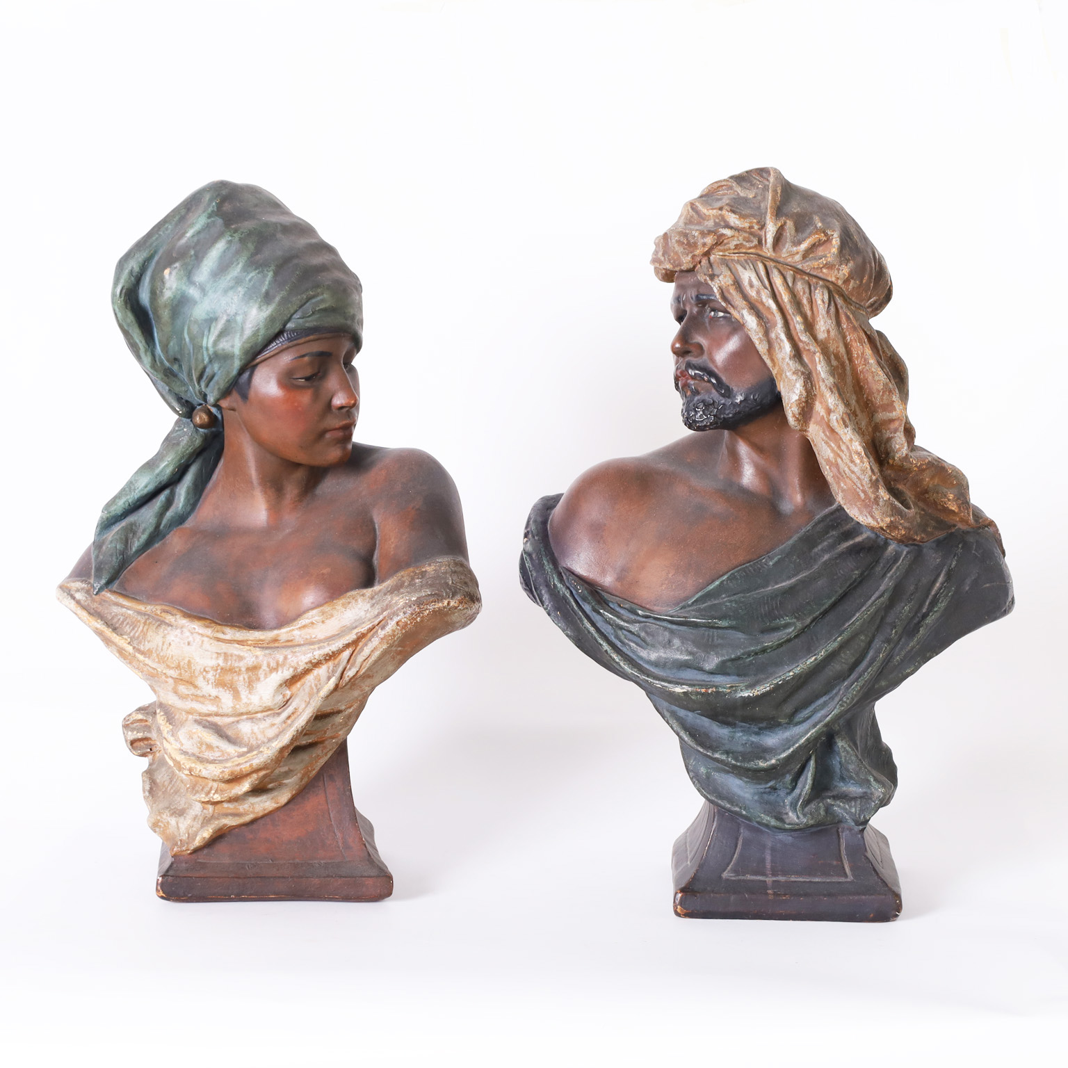 Antique Pair of Terra Cotta Orientalist Busts of a Woman and a Man