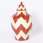 Pair of Large Vintage Terra Cotta Lidded Urns with Chevron Style Designs