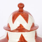 Pair of Large Vintage Terra Cotta Lidded Urns with Chevron Style Designs