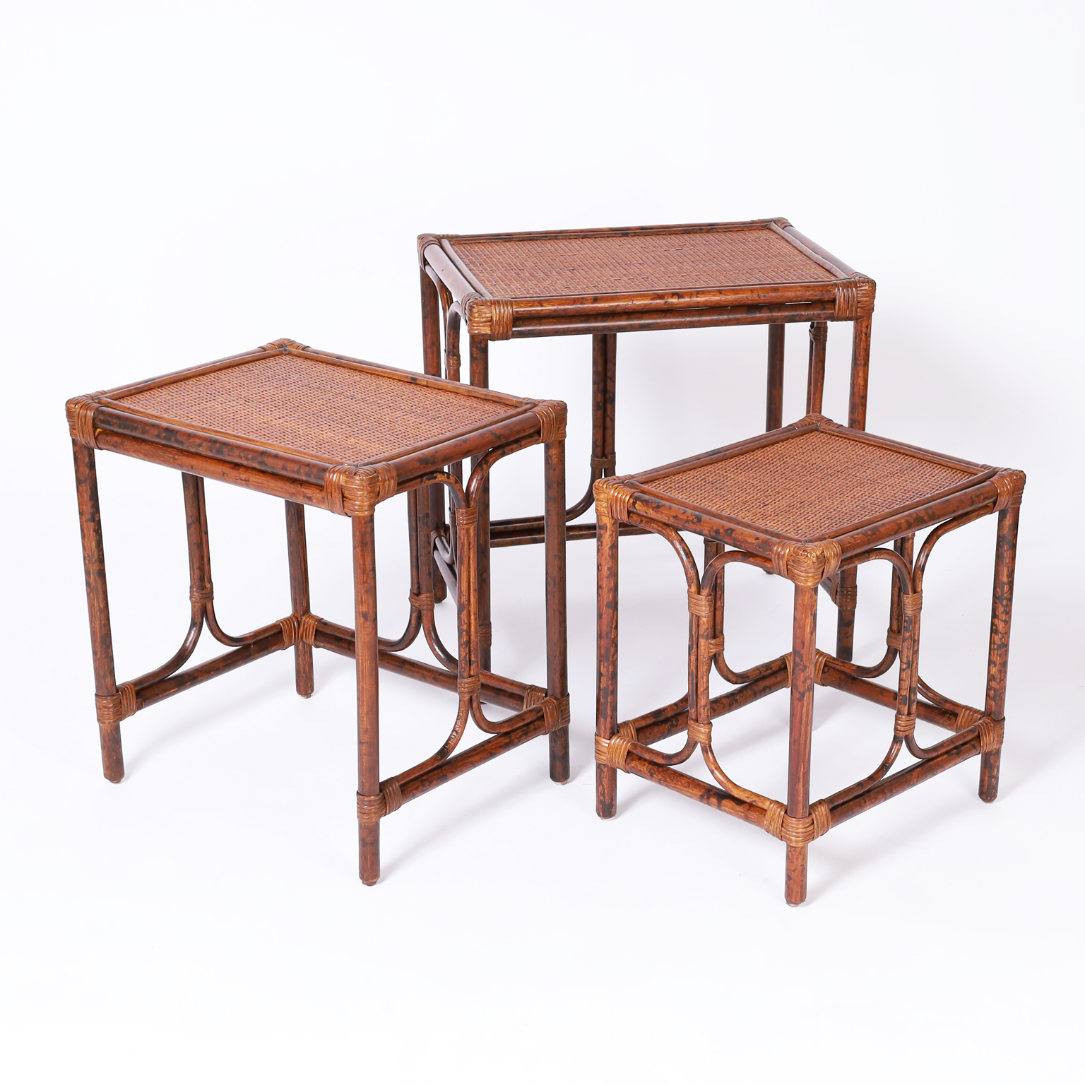 Pair of Mid-Century Faux Bamboo British Colonial Style Nests of Tables
