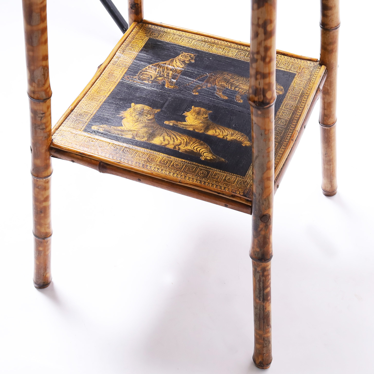 Pair of Antique English Bamboo Tiger Decoupage Stands or Tables