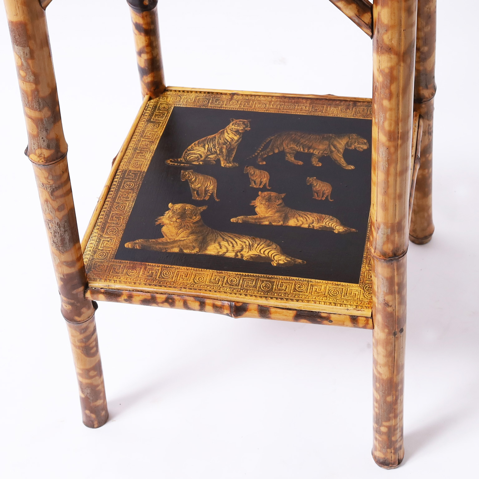 Pair of Antique English Bamboo Tiger Decoupage Stands or Tables