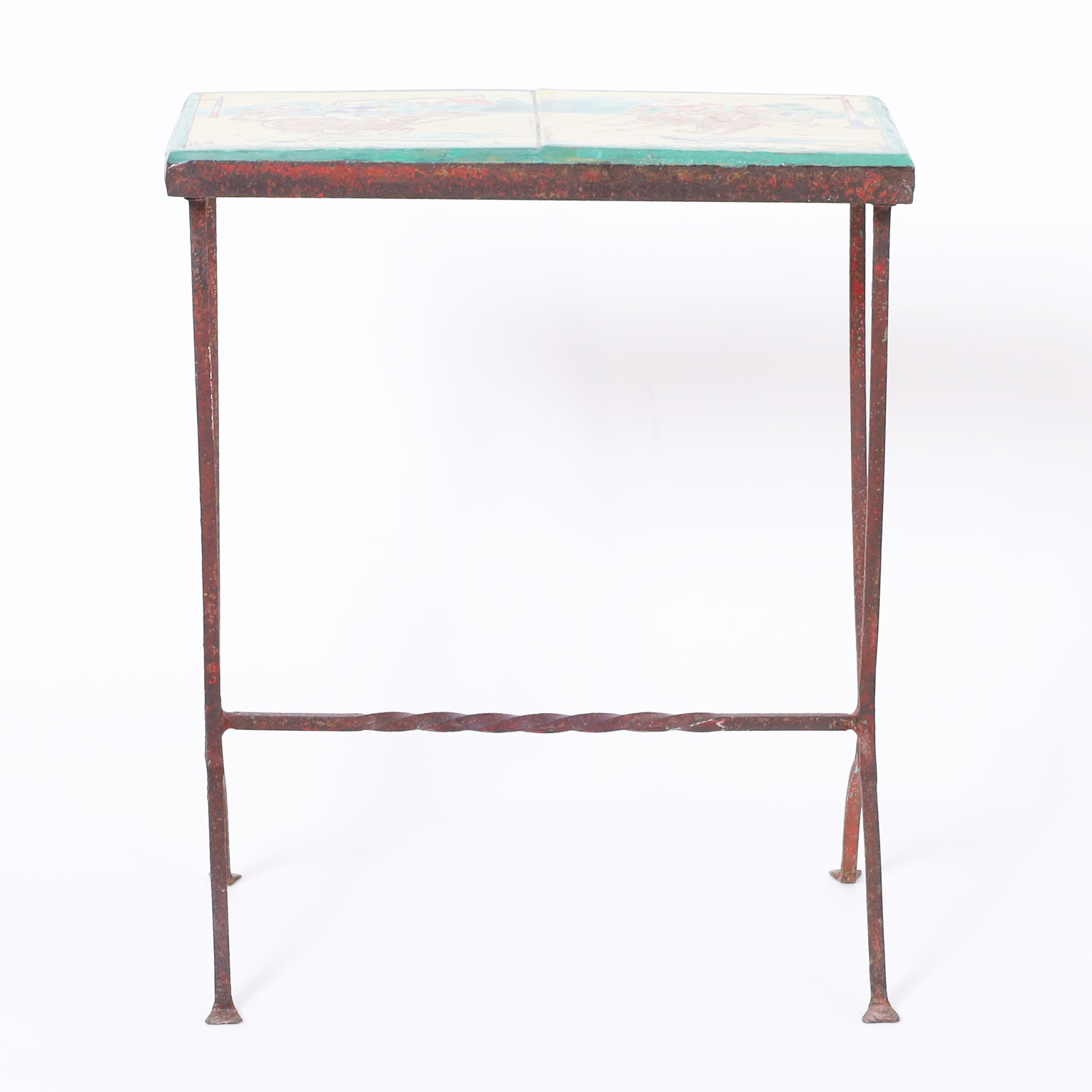 Antique Iron Table or Stand with a Polo Themed Tile Top