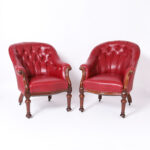 Pair of Antique English Tufted Red Faux Leather Club Chairs