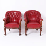 Pair of Antique English Tufted Red Faux Leather Club Chairs