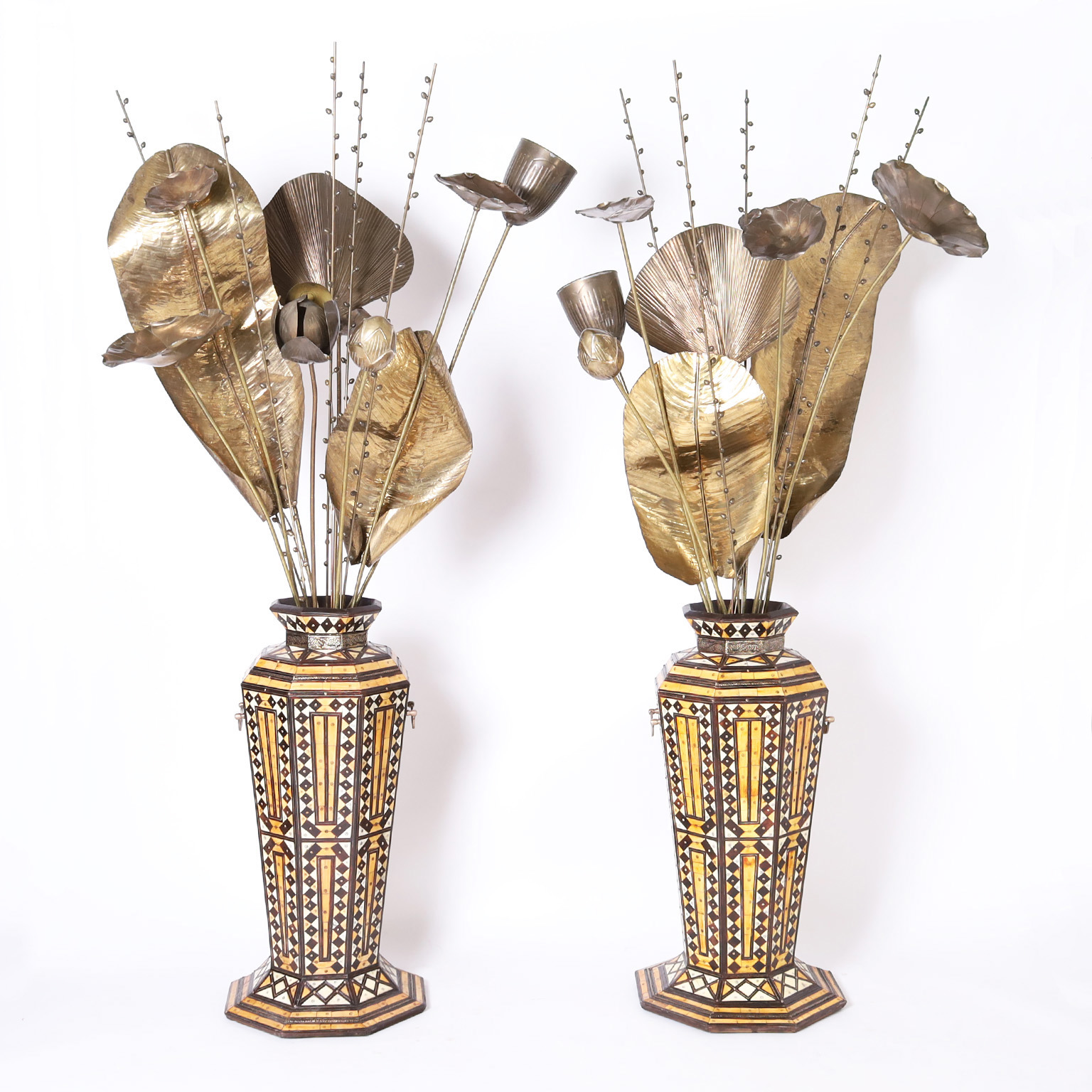 Pair of Vintage Turkish Palace Urns with Brass Floral Arrangements