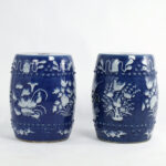 Pair of Vintage Terra Cotta Blue and White Garden Seats