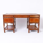Vintage British Colonial Style Faux Bamboo Leather Clad Desk by Maitland-Smith