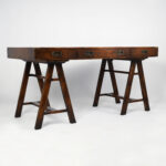 Vintage Campaign Style Leather Top Sawhorse Desk