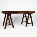 Vintage Campaign Style Leather Top Sawhorse Desk