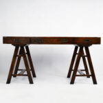 Vintage Campaign Style Leather Top Sawhorse Desk