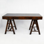 Vintage Campaign Style Leather Top Sawhorse Desk