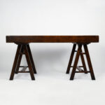 Vintage Campaign Style Leather Top Sawhorse Desk