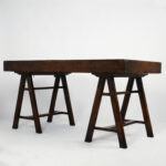 Vintage Campaign Style Leather Top Sawhorse Desk