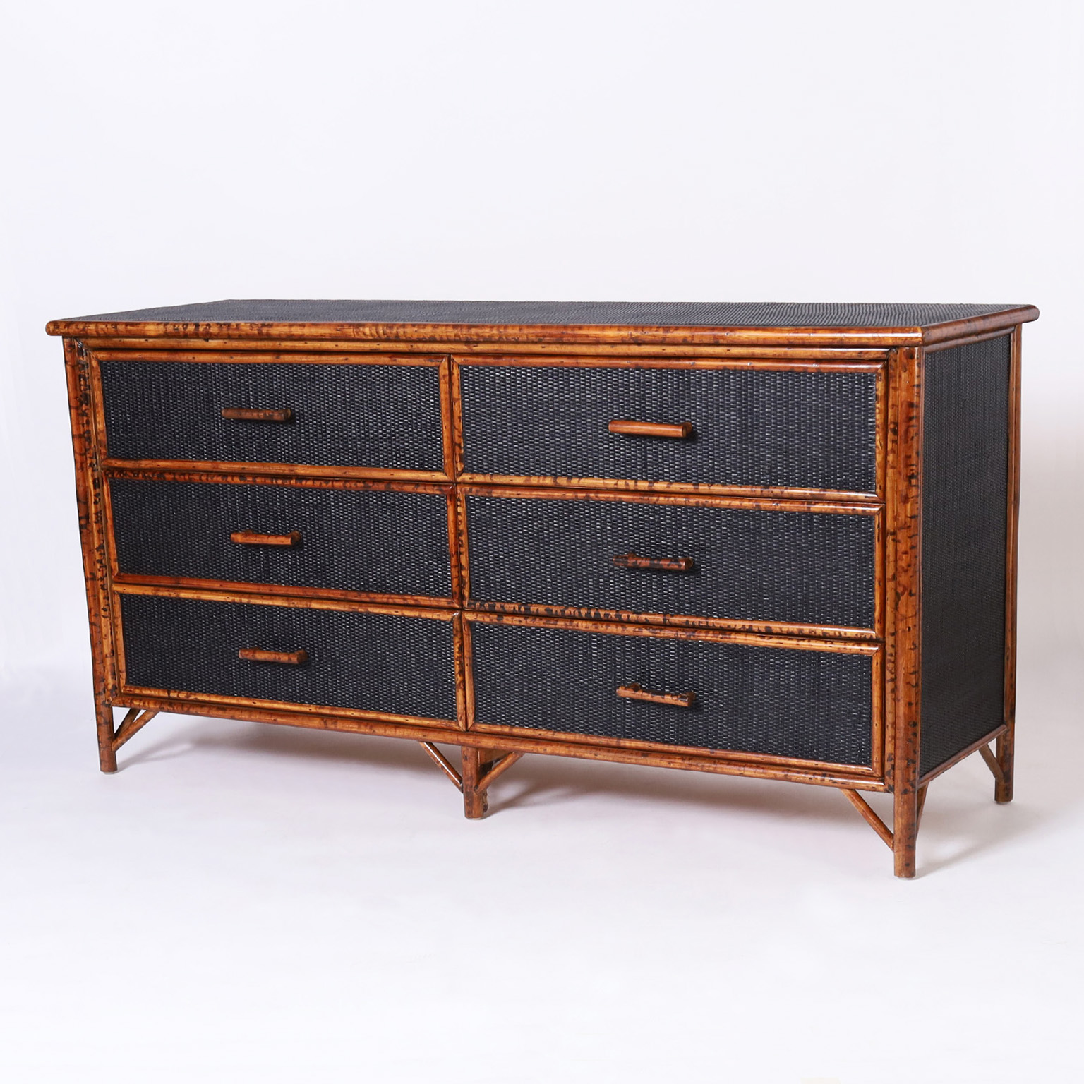 Mid Century Faux Burnt Bamboo and Grasscloth Chest of Drawers or Dresser