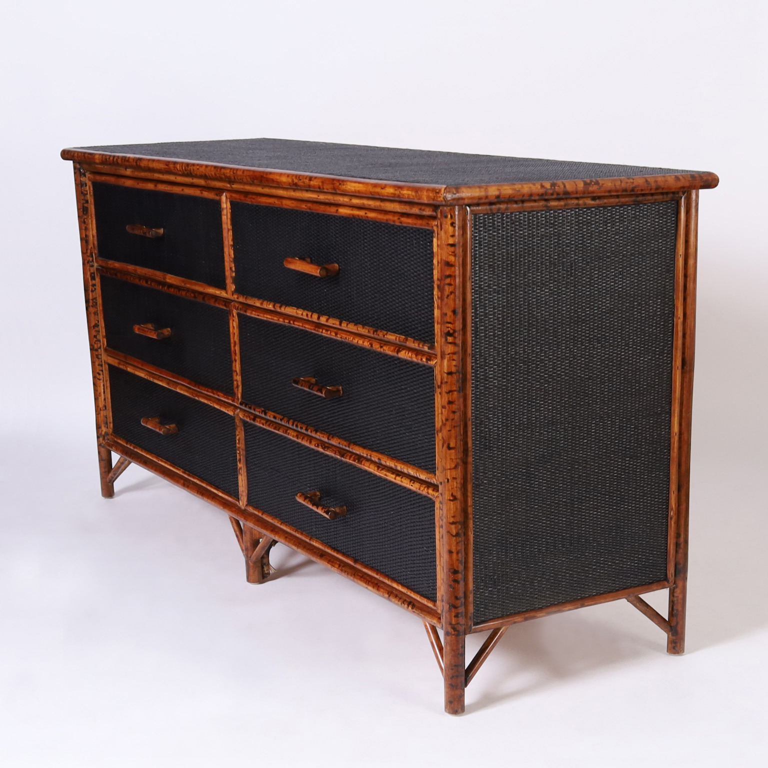 Mid Century Faux Burnt Bamboo and Grasscloth Chest of Drawers or Dresser