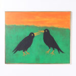 Mid Century Folk Art Painting on Board of Two Crows or Birds