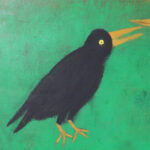 Mid Century Folk Art Painting on Board of Two Crows or Birds