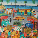 Vintage Haitian Painting on Board of a Village Scene by Jeanty J N Robert