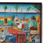 Vintage Haitian Painting on Board of a Village Scene by Jeanty J N Robert