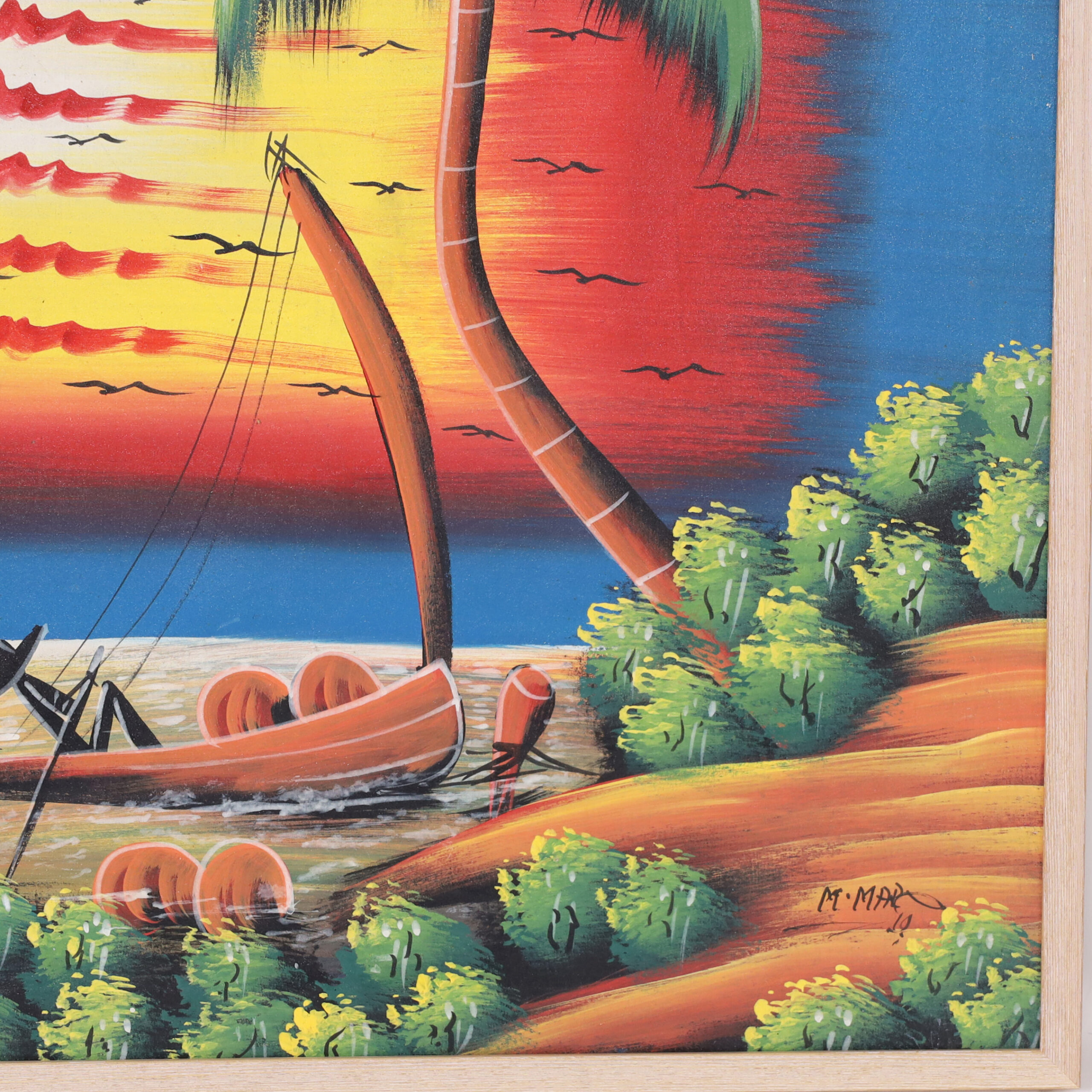 Vintage Haitian Painting Boats in Sunset by M. Mar