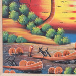 Vintage Haitian Painting Boats in Sunset by M. Mar