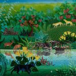 Vintage Haitian Painting of a Jungle Scene with Animals