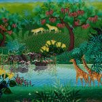 Vintage Haitian Painting of a Jungle Scene with Animals