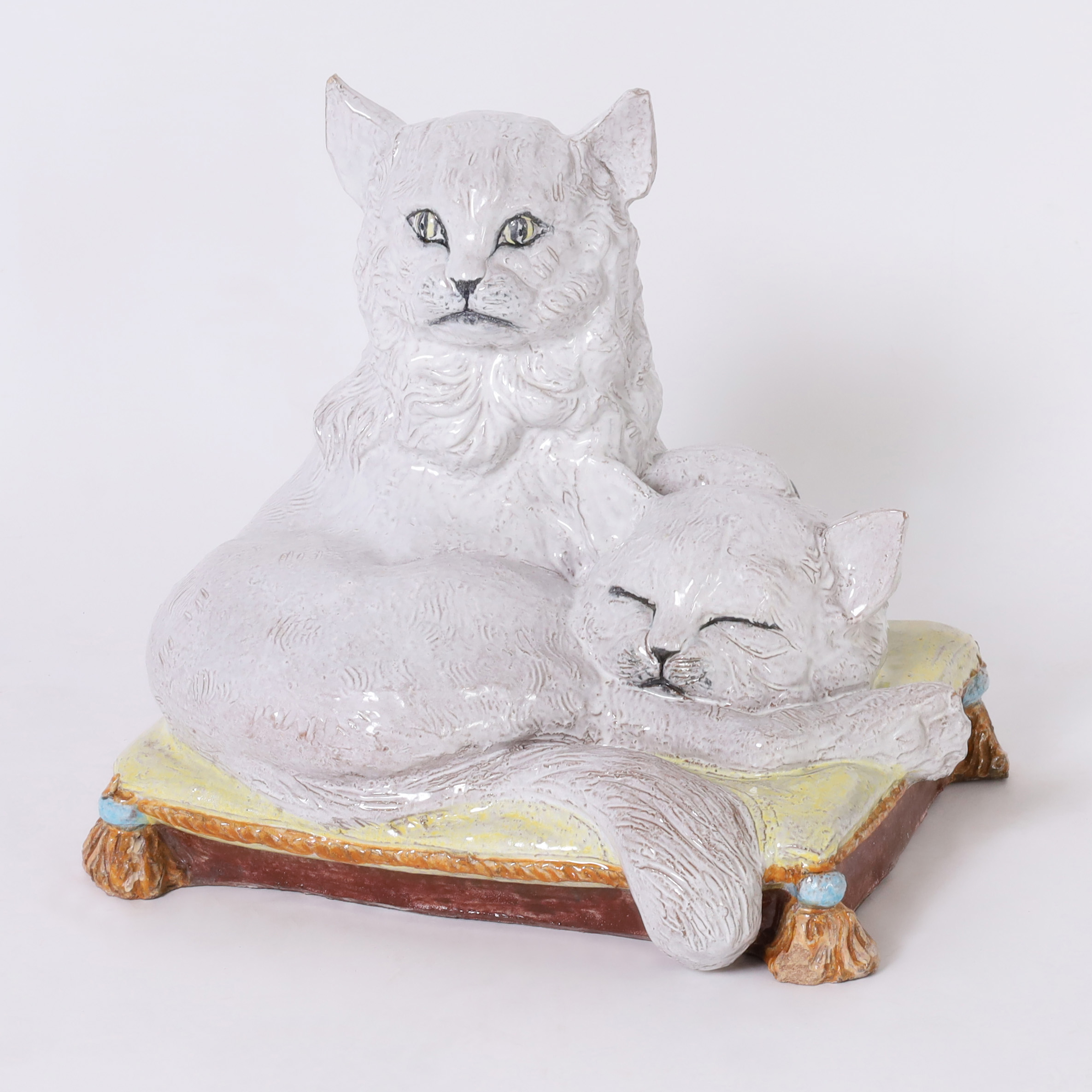 Mid Century Italian Terra Cotta Two Cats on a Pillow