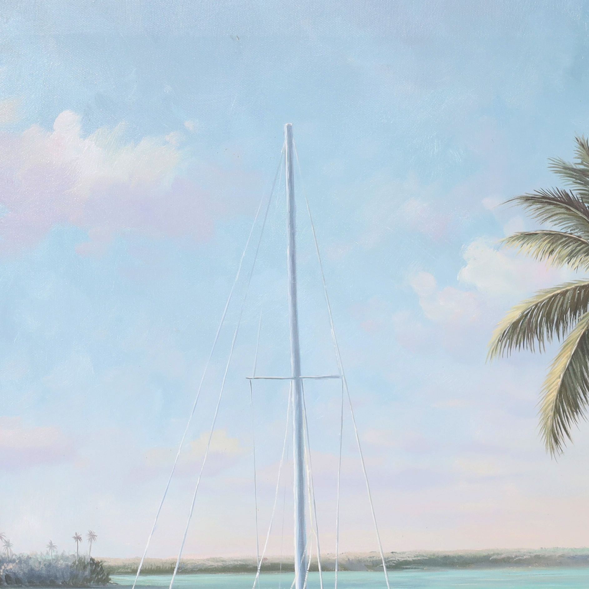 Vintage Caribbean Oil Painting on Canvas of a Tropical Bayscape
