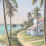 Vintage Caribbean Oil Painting on Canvas of a Tropical Bayscape