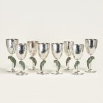 Vintage Set of Eight Silver on Copper Goblets or Stemware with Parrots by Emilia Castillo