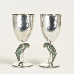 Vintage Set of Eight Silver on Copper Goblets or Stemware with Parrots by Emilia Castillo