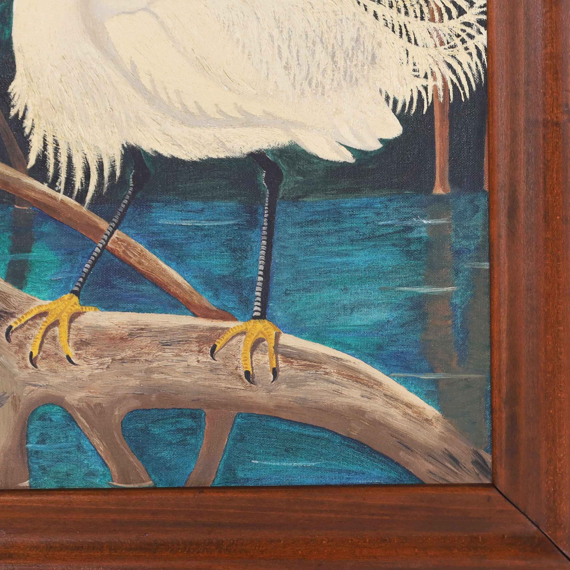 Vintage Tropical Oil Painting of Two Egrets in Mangrove