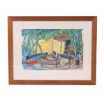 Tropical Vintage Watercolor with Palm Trees and Figures in Martinique