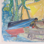 Tropical Vintage Watercolor with Palm Trees and Figures in Martinique